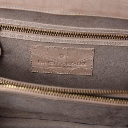 Nancy Gonzalez Crocodile Embroidered Floral Top Handle Bag Beige 8 of 10