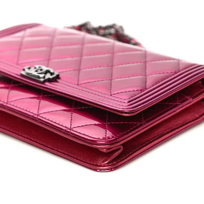Chanel Metallic Patent Calfskin Quilted Boy Wallet On Chain WOC Fuchsia 11 of 18