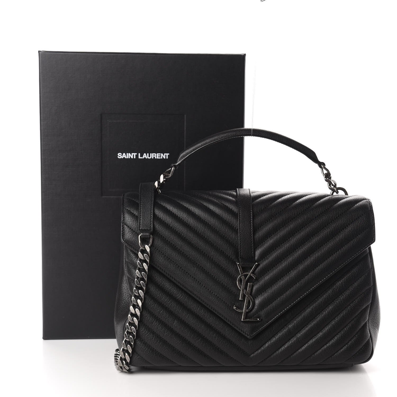 Saint Laurent Sheepskin Matelasse Chevron Monogram Large College Satchel Black 12 of 12