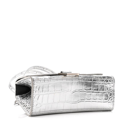 Balenciaga Metallic Calfskin Crocodile Embossed Hourglass Top Handle Bag XS Silver 4 of 9