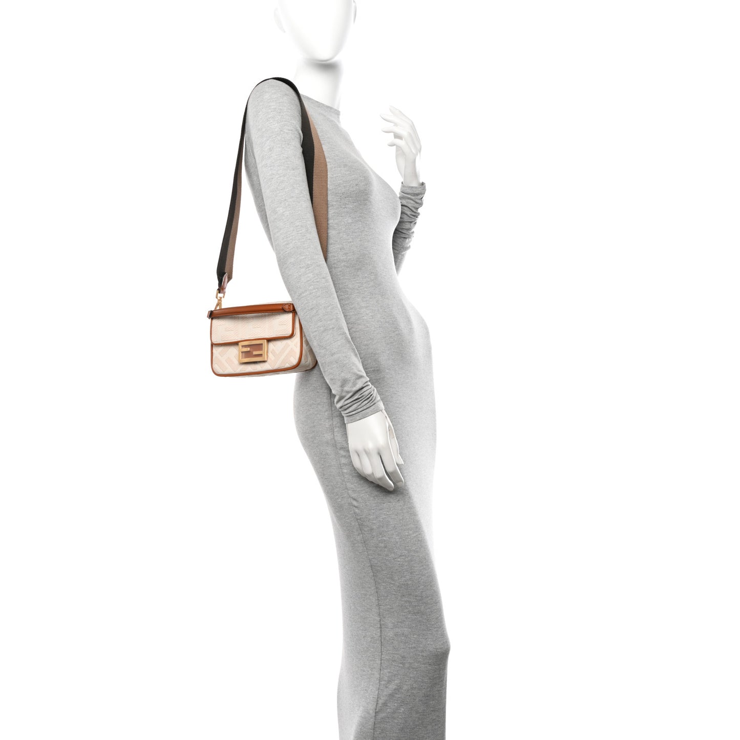 Canvas Vitello King Bi-Color Strap FF Embroidered Mini Baguette Poudre