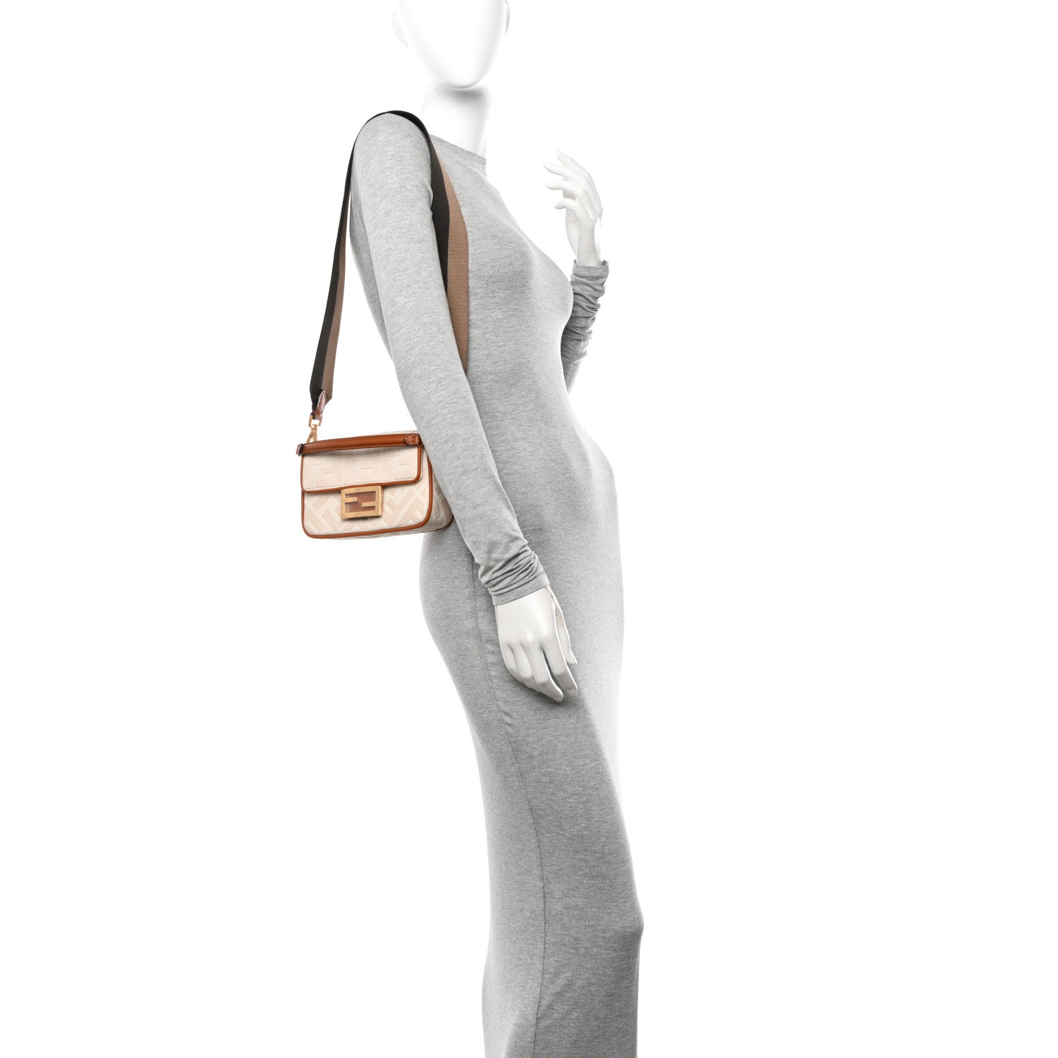Fendi Canvas Vitello King Bi-Color Strap FF Embroidered Mini Baguette Poudre 3 of 10