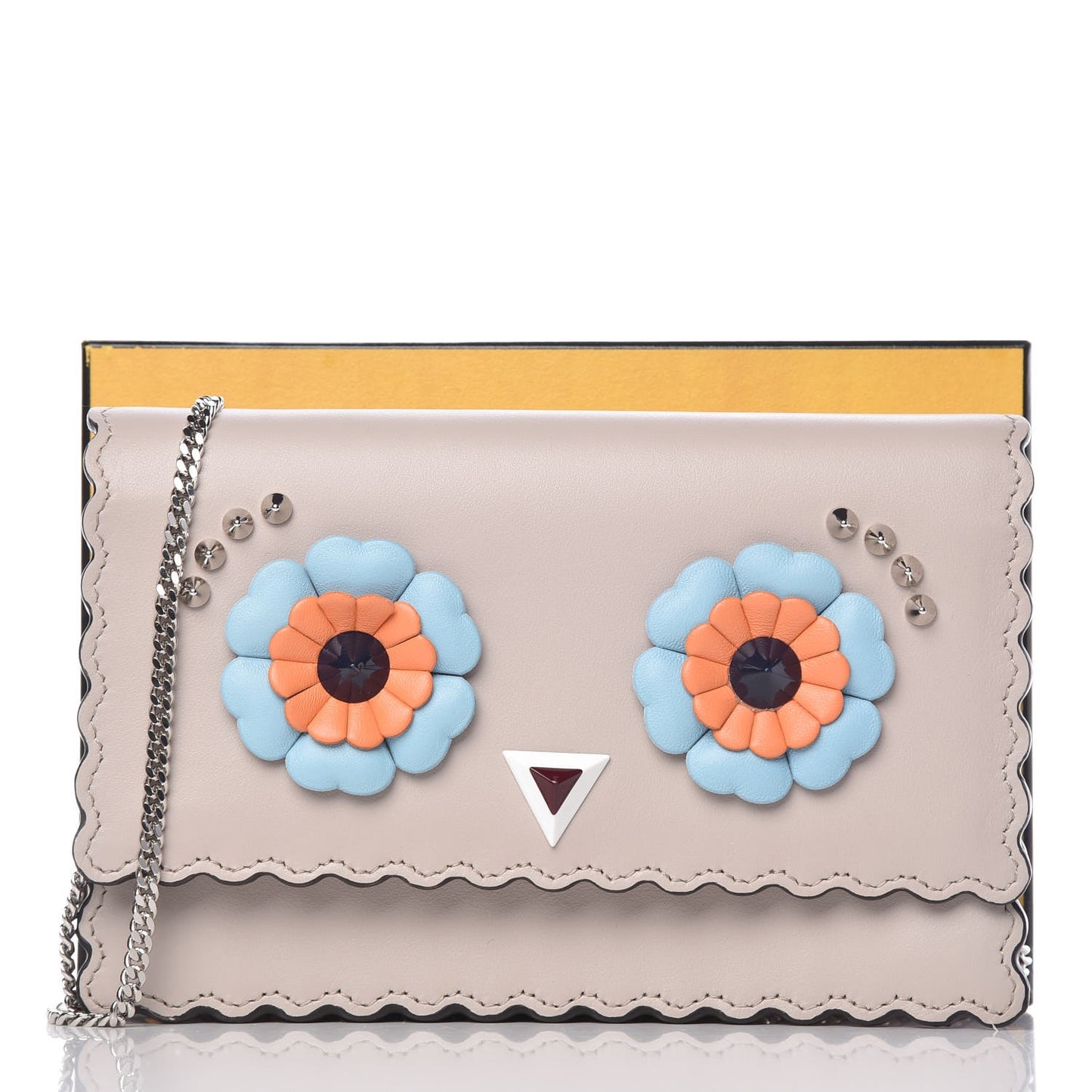 Vitello Century Lucido Nappa Hypnoteyes Scalloped Studded Tube Wallet on Chain Grigio Polvere Turchese Pallido Multicolor