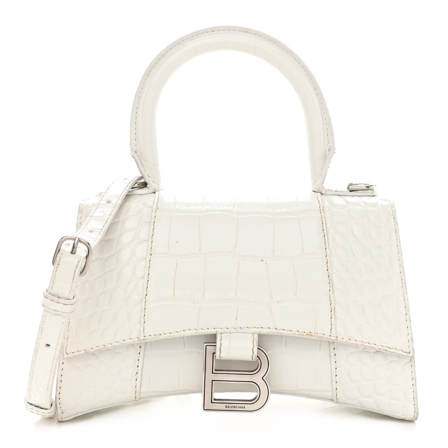 Shiny Calfskin Crocodile Embossed Hourglass Top Handle Bag XS White