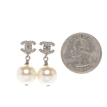 Chanel Crystal Pearl CC Drop Earrings Silver 2 of 5