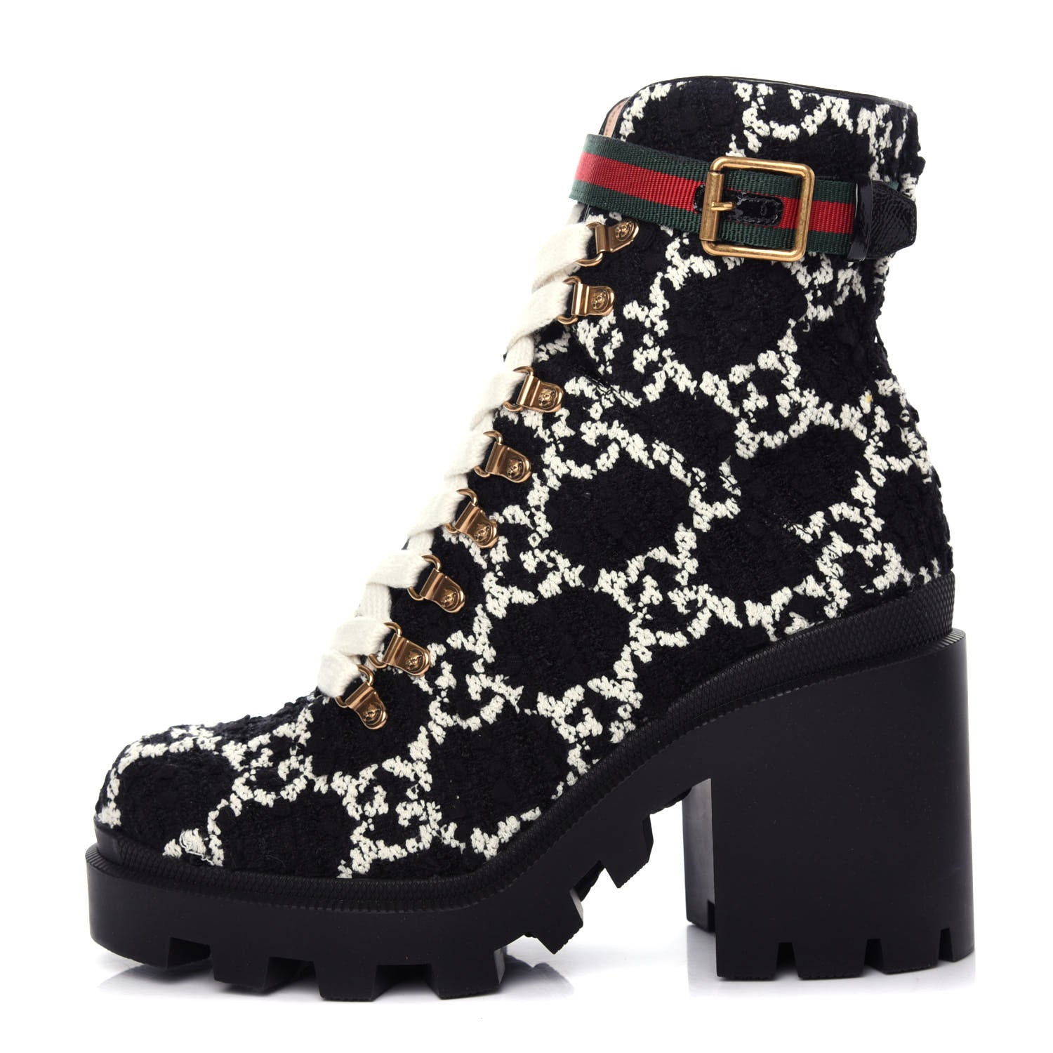 Gucci Tweed GG Monogram Lace Up Combat Ankle Boots 39.5 Black 1 of 11