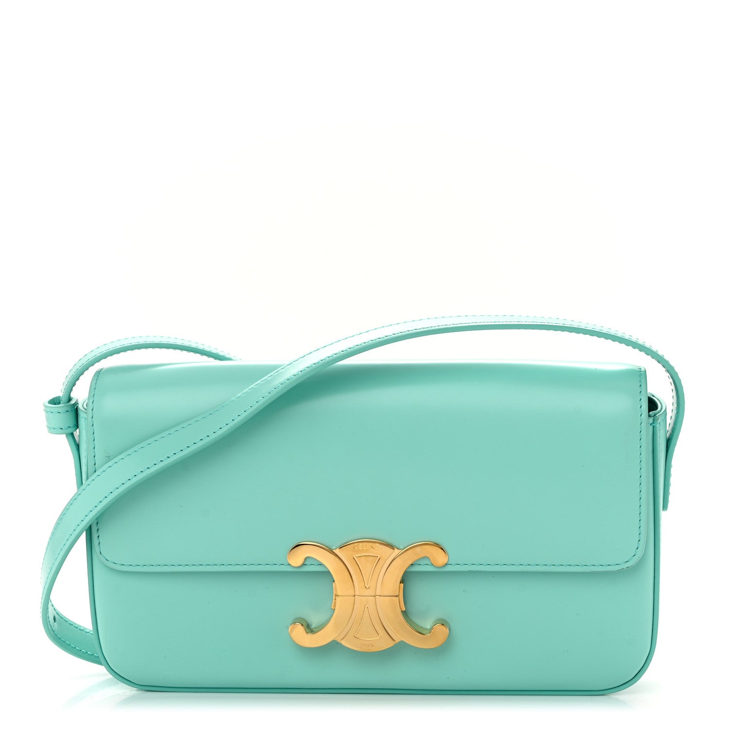 Celine Shiny Calfskin Triomphe Shoulder Bag Turquoise 1 of 11