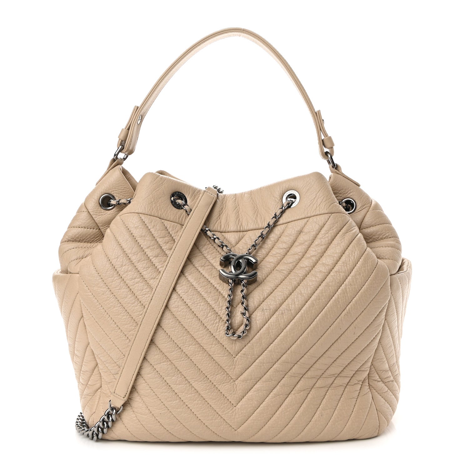 Chanel Deerskin Chevron Large CC Chain Bucket Drawstring Bag Beige 1 of 12
