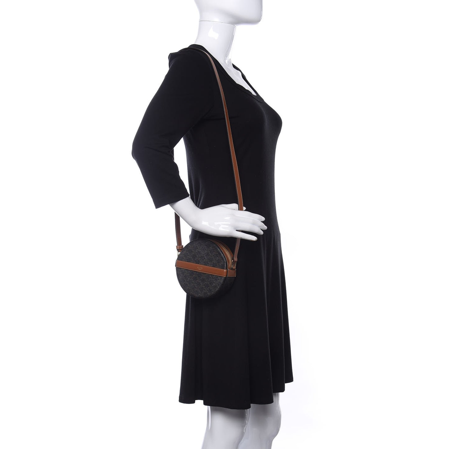 Lambskin Triomphe Canvas Round Purse On Strap Black Tan