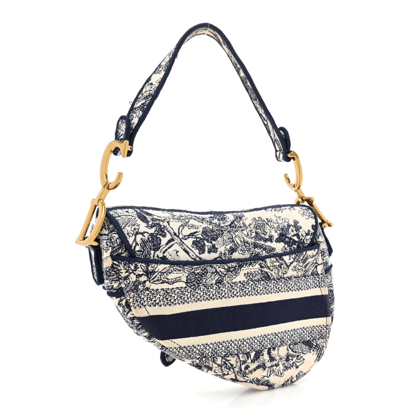 Canvas Embroidered Toile de Jouy Saddle Bag Blue
