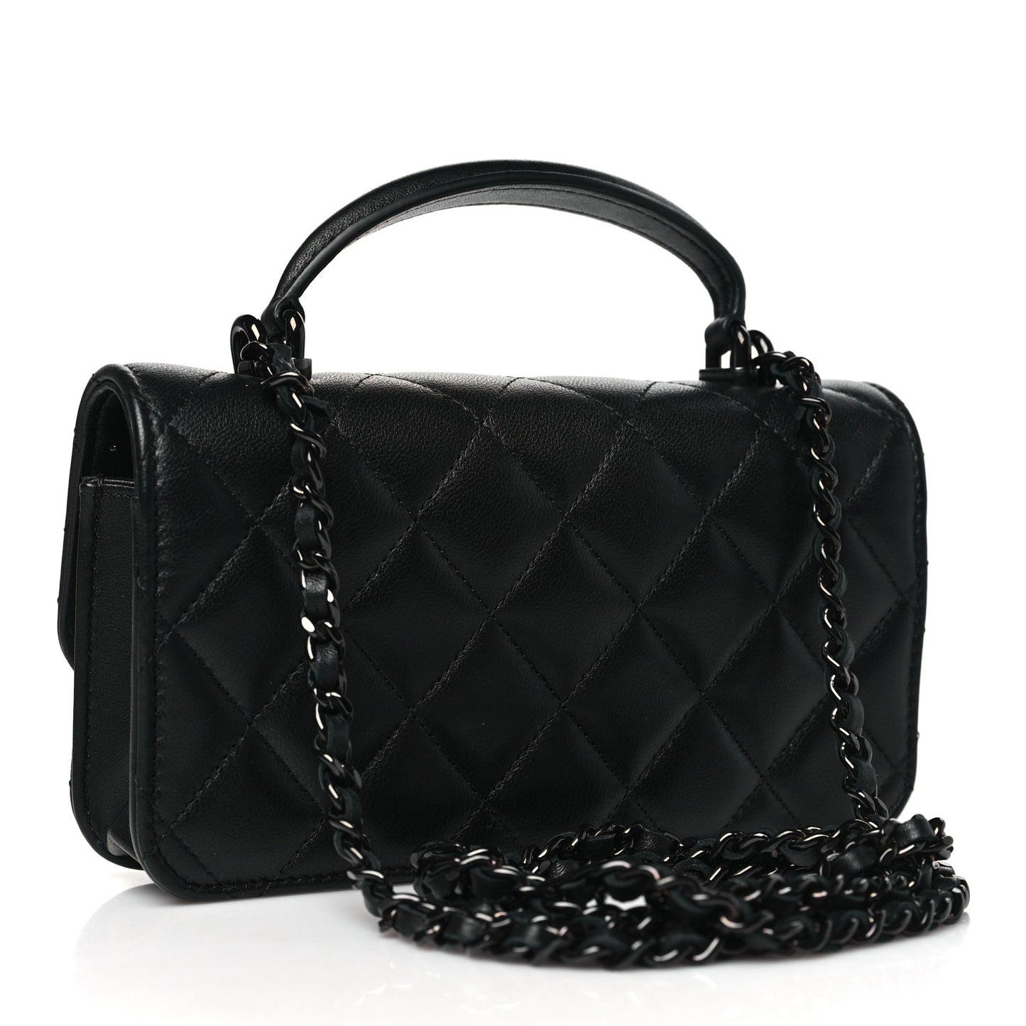 Lambskin Quilted Flap Phone Holder With Chain So Black