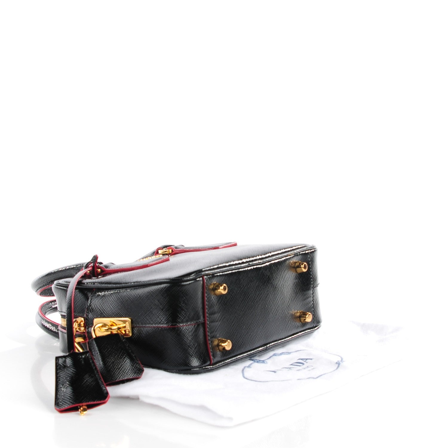Prada Saffiano Vernice Lux Mini Convertible Bowler Black Rosso 4 of 10
