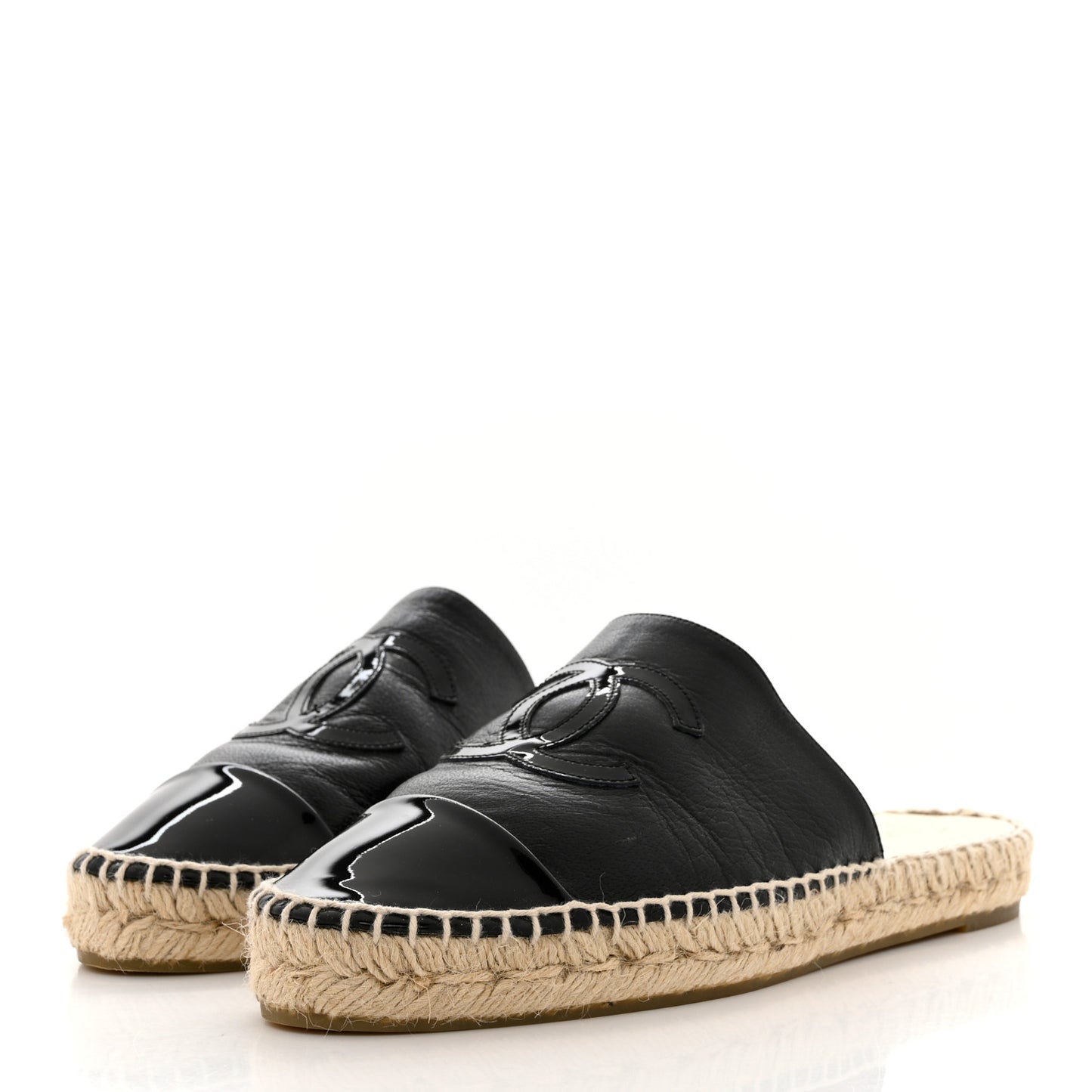 Iridescent Goatskin Patent CC Espadrille Mules 39 Black