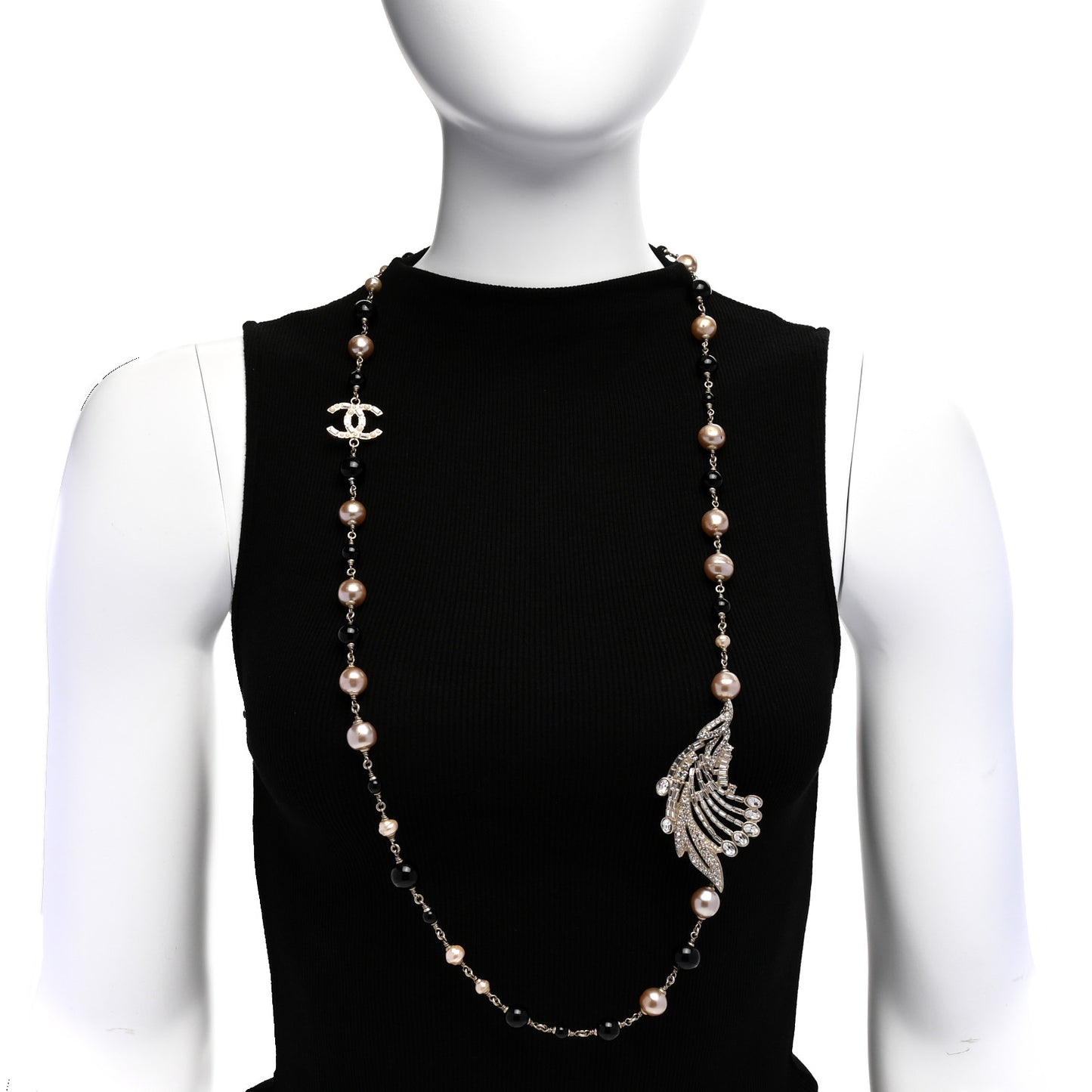 Pearl Crystal Baguette Beaded Wing Long Necklace Black Gold