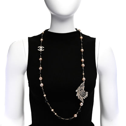 Chanel Pearl Crystal Baguette Beaded Wing Long Necklace Black Gold 2 of 5