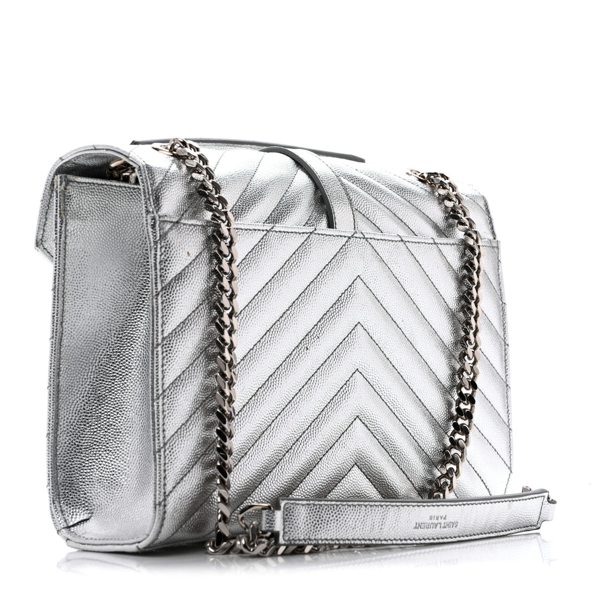 Metallic Grain De Poudre Matelasse Chevron Medium Monogram Satchel Silver
