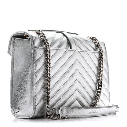Saint Laurent Metallic Grain De Poudre Matelasse Chevron Medium Monogram Satchel Silver 3 of 14