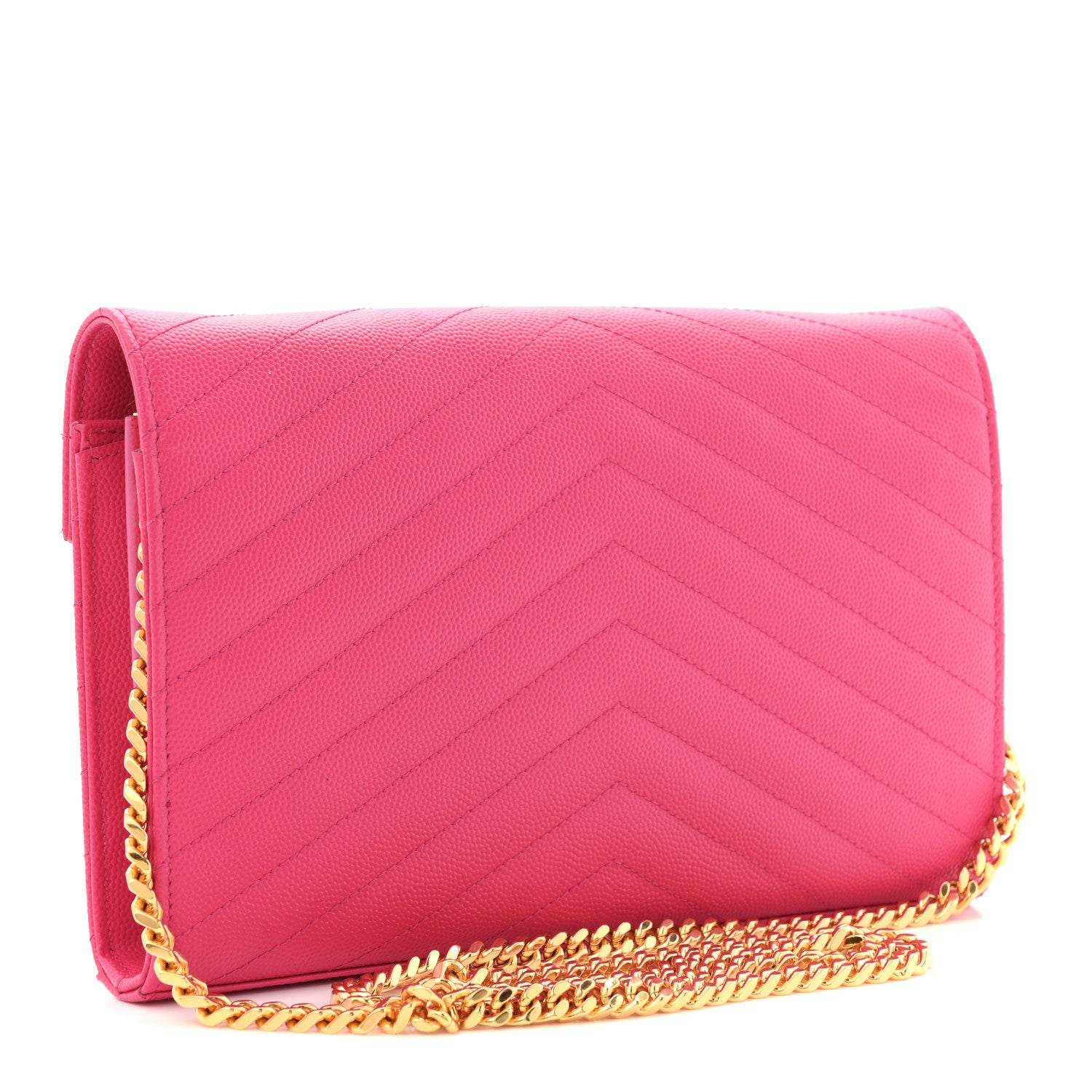 Saint Laurent Grain De Poudre Matelasse Chevron Monogram Chain Wallet Lipstick Fuchsia 3 of 10