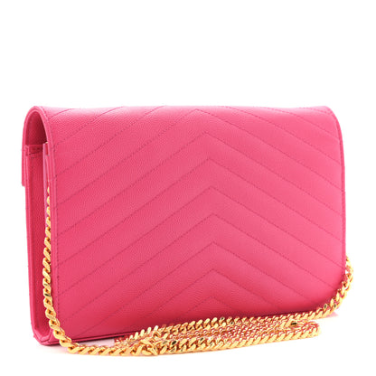 Saint Laurent Grain De Poudre Matelasse Chevron Monogram Chain Wallet Lipstick Fuchsia 3 of 10