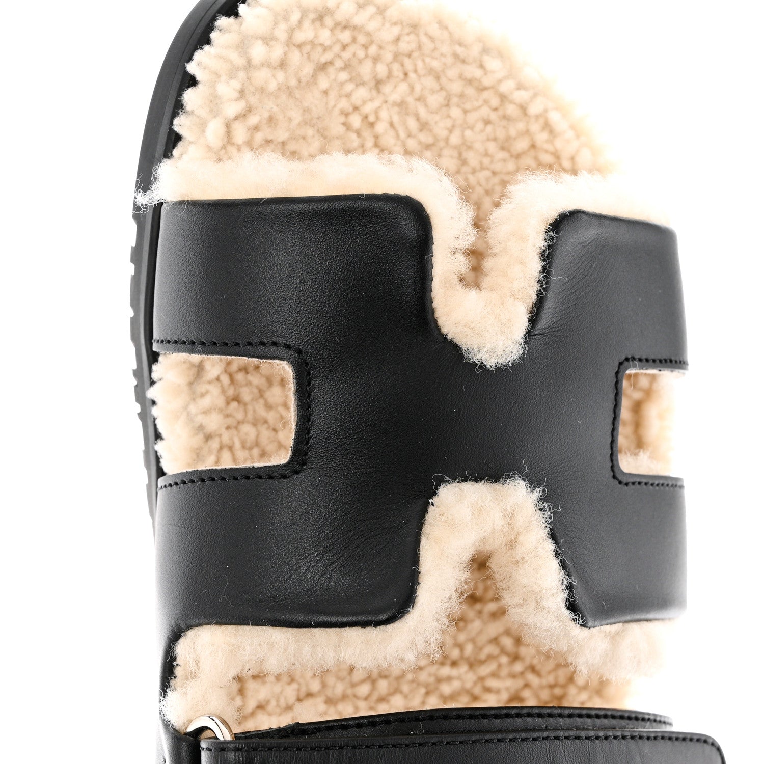 Hermes Calfskin Woolskin Womens Chypre Sandals 40 Black Ecru 9 of 11