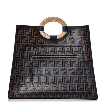 Fendi Vitello Century Wicker Bi-Color FF 1974 Embossed Large Runaway Shopper Tote Maya Black 1 of 7