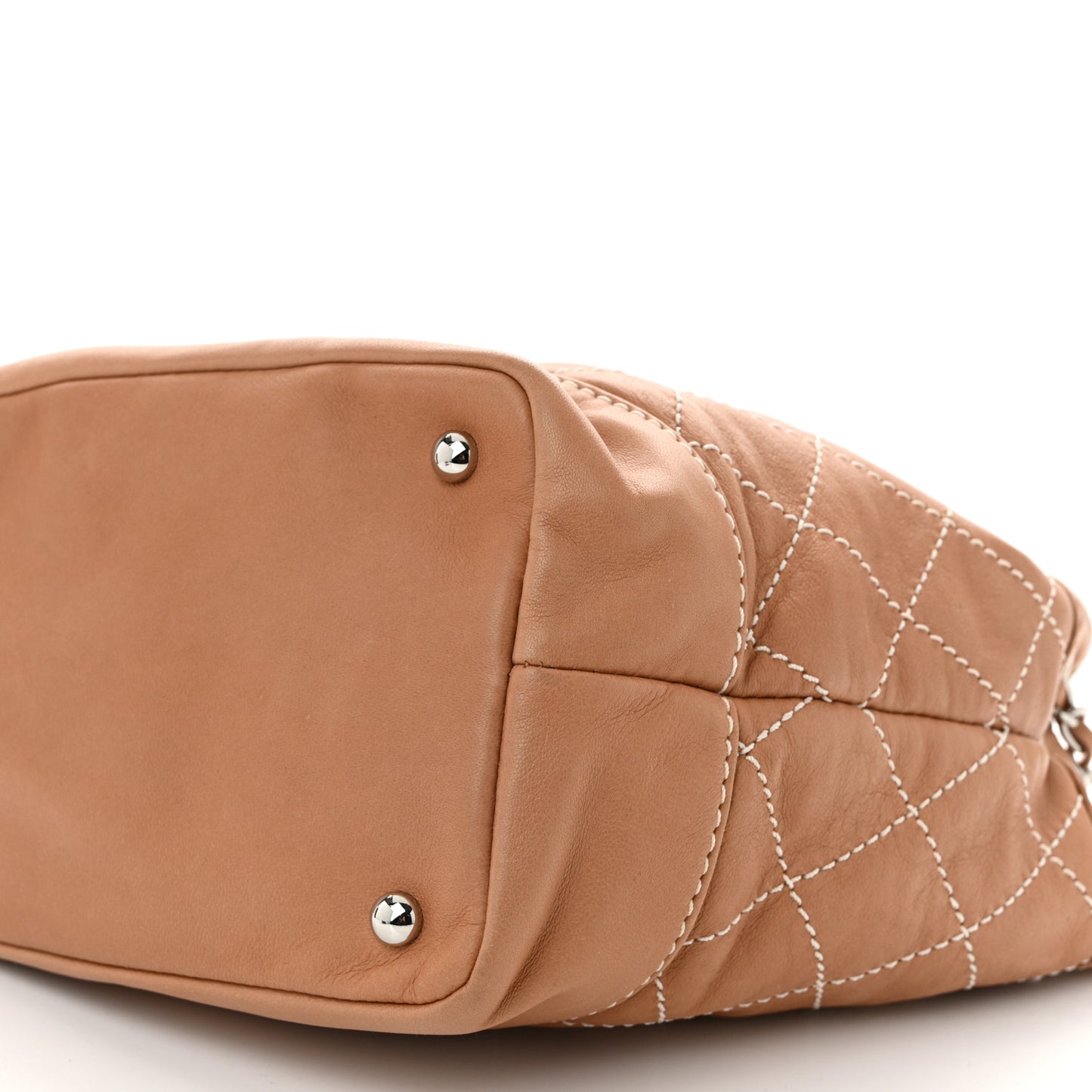 Lambskin Contrast Stitch Small Drawstring Tote Dark Beige