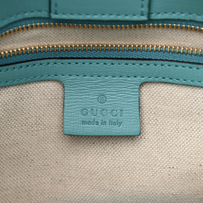 Gucci Straw Azalea Calfskin Medium Horsebit 1955 Tote Bag Dusty Azure Black 7 of 9