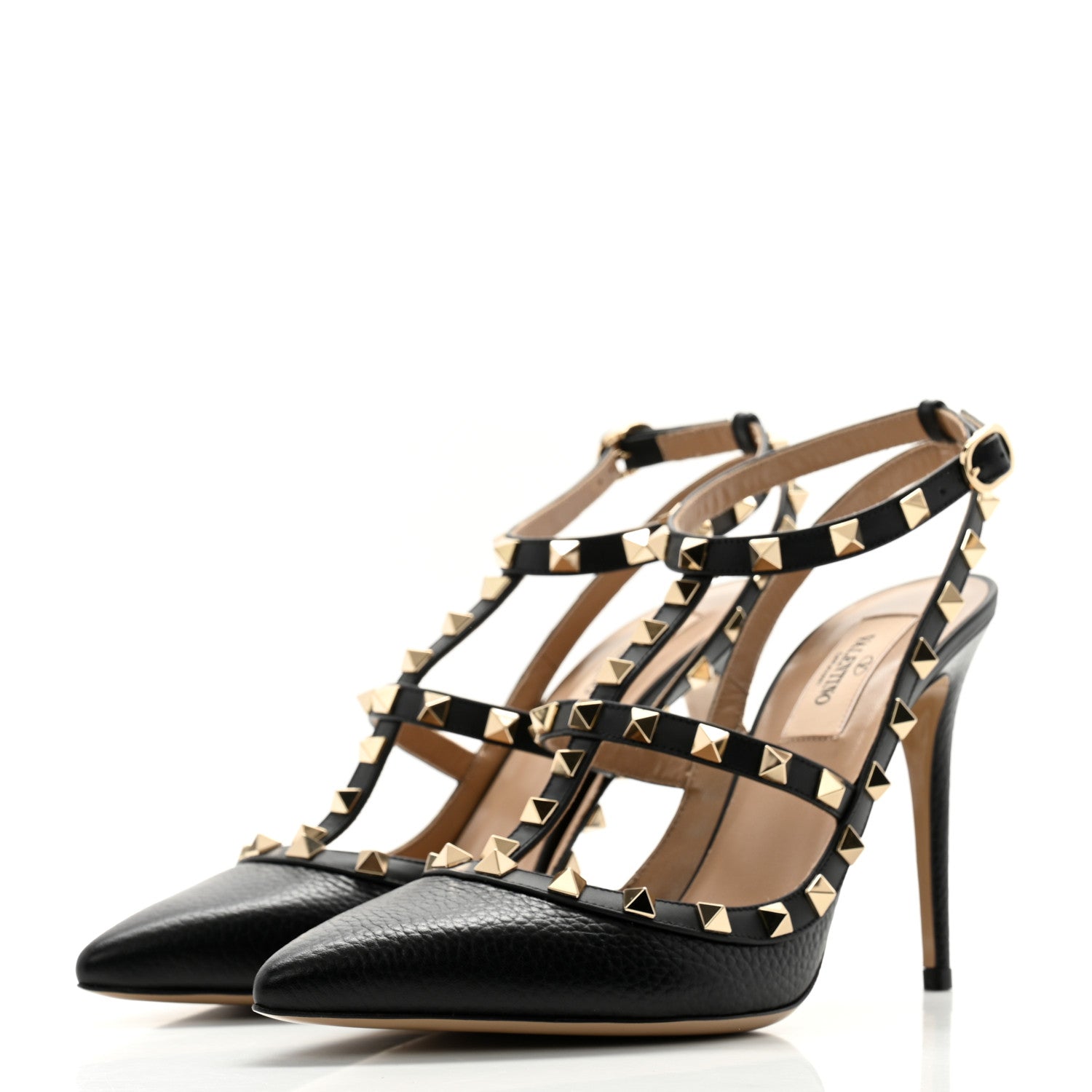 Valentino Garavani Pebbled Calfskin Rockstud Ankle Strap 100mm Pumps 39.5 Black 3 of 12