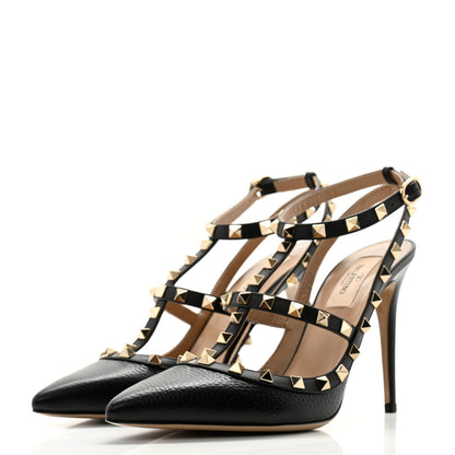 Valentino Garavani Pebbled Calfskin Rockstud Ankle Strap 100mm Pumps 39.5 Black 3 of 12