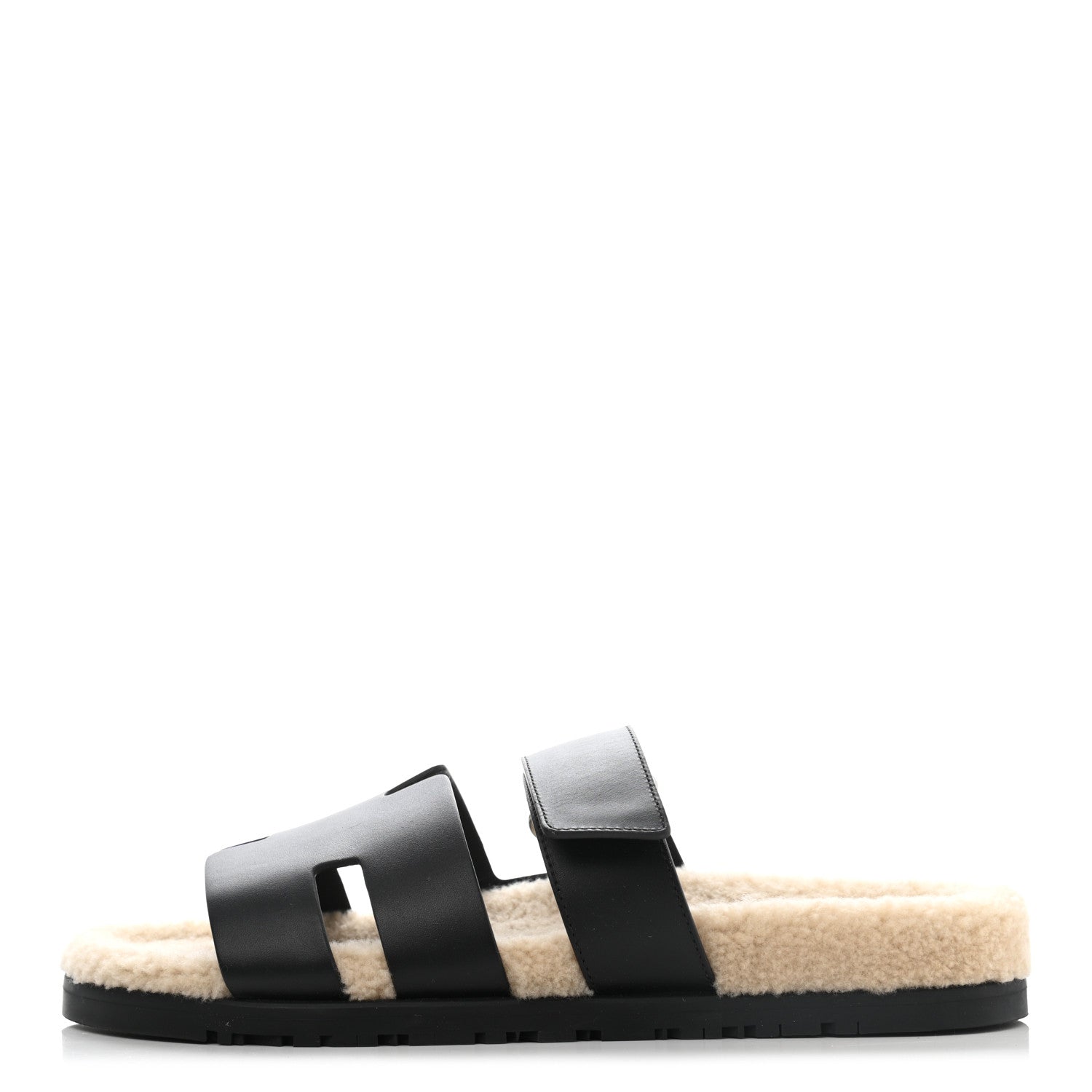 Hermes Veau Indios Woolskin Mens Chypre Sandals 41 Black Ecru 1 of 8