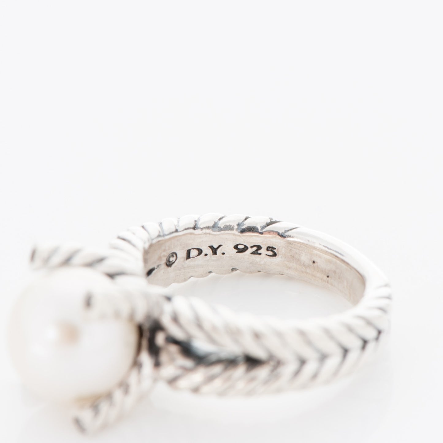 Sterling Silver Pave Diamond 10mm Pearl Cable Ring 6.25