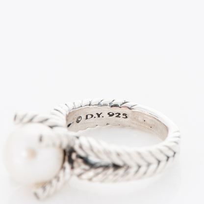 David Yurman Sterling Silver Pave Diamond 10mm Pearl Cable Ring 6.25 5 of 5