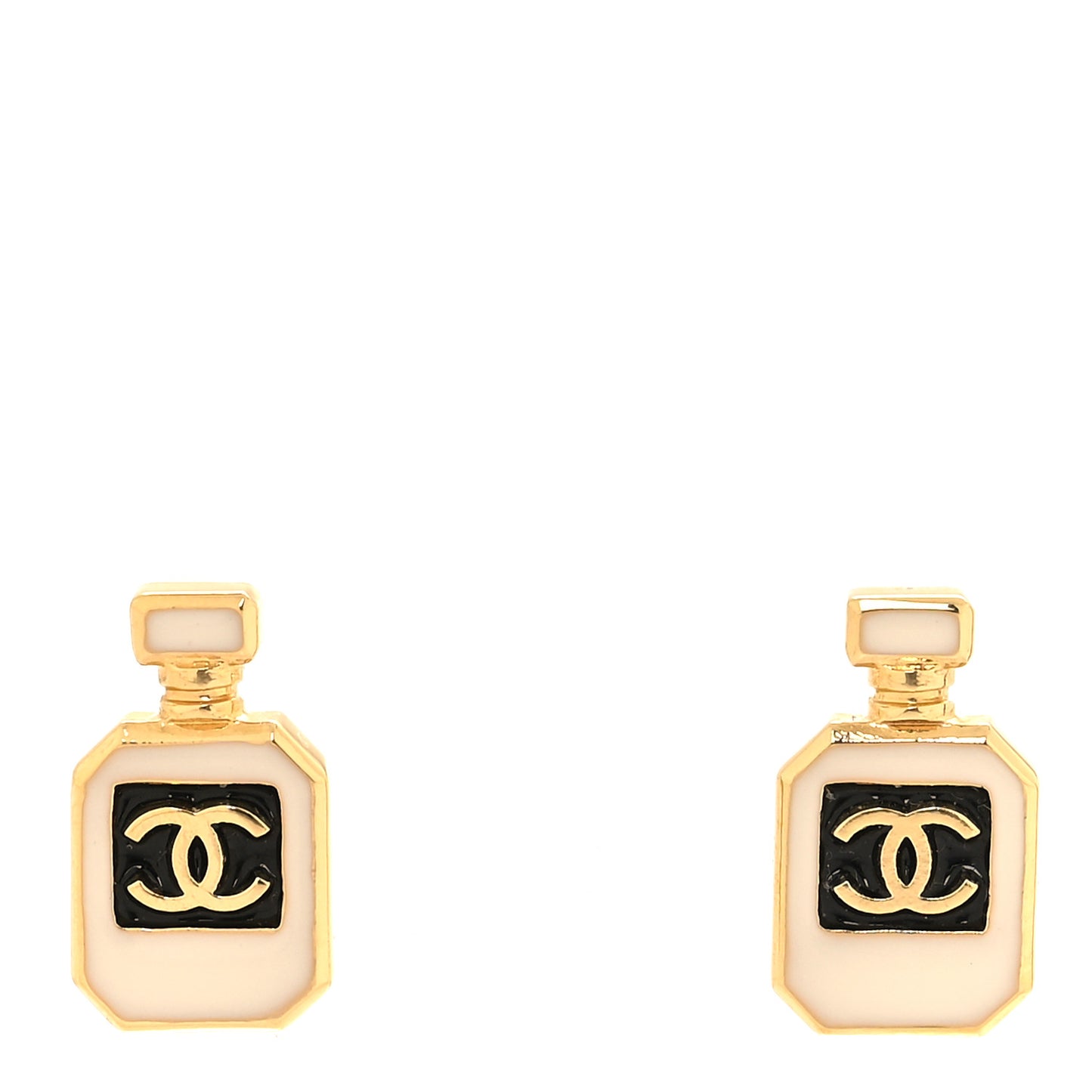 Resin CC No 5 Perfume Bottle Earrings Gold Pearly White