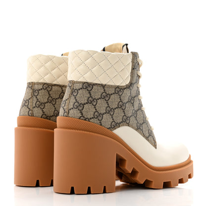 Gucci Calfskin GG Supreme Monogram Nappa Quilted Lace Up Ankle Boots 38 Mystic White Beige 4 of 10