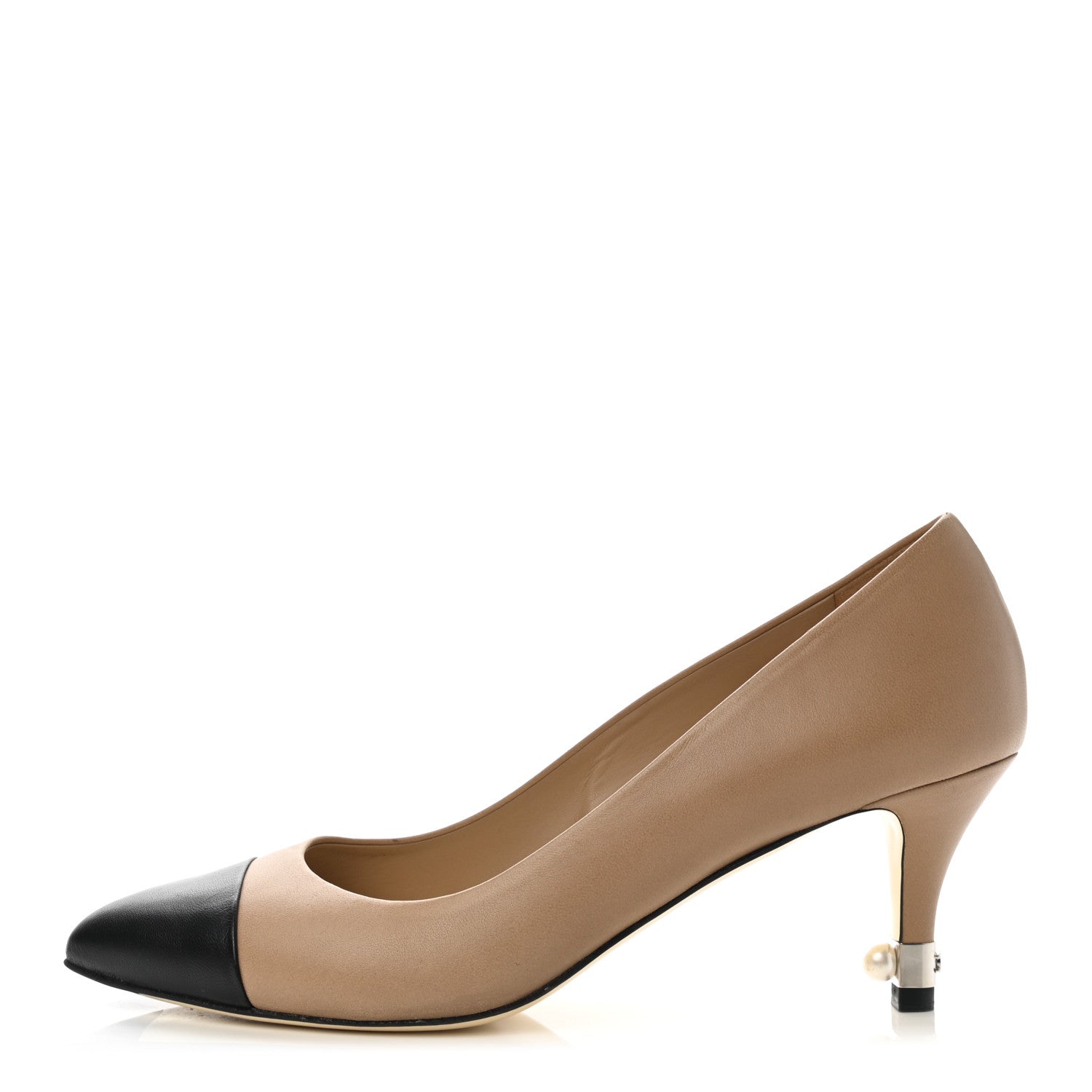 Chanel Lambskin Cap Toe Pearl Pumps 37.5 Beige Black 1 of 8
