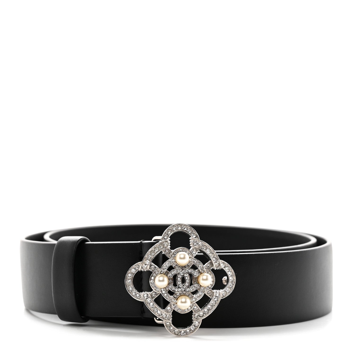 Chanel Calfskin Crystal Pearl CC Belt 85 34 Black Silver 1 of 8