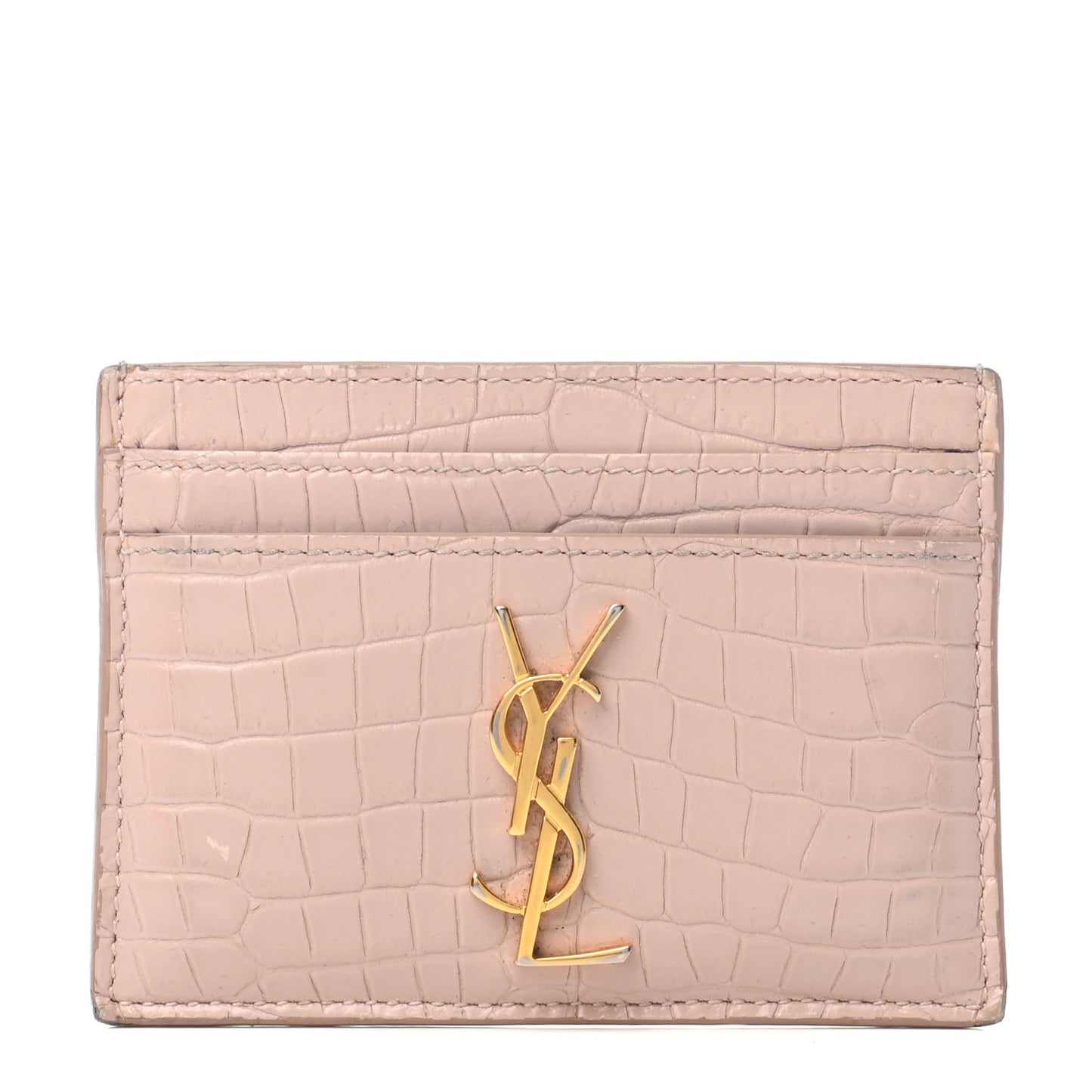 Calfskin Crocodile Embossed Monogram Card Case Rose Antic