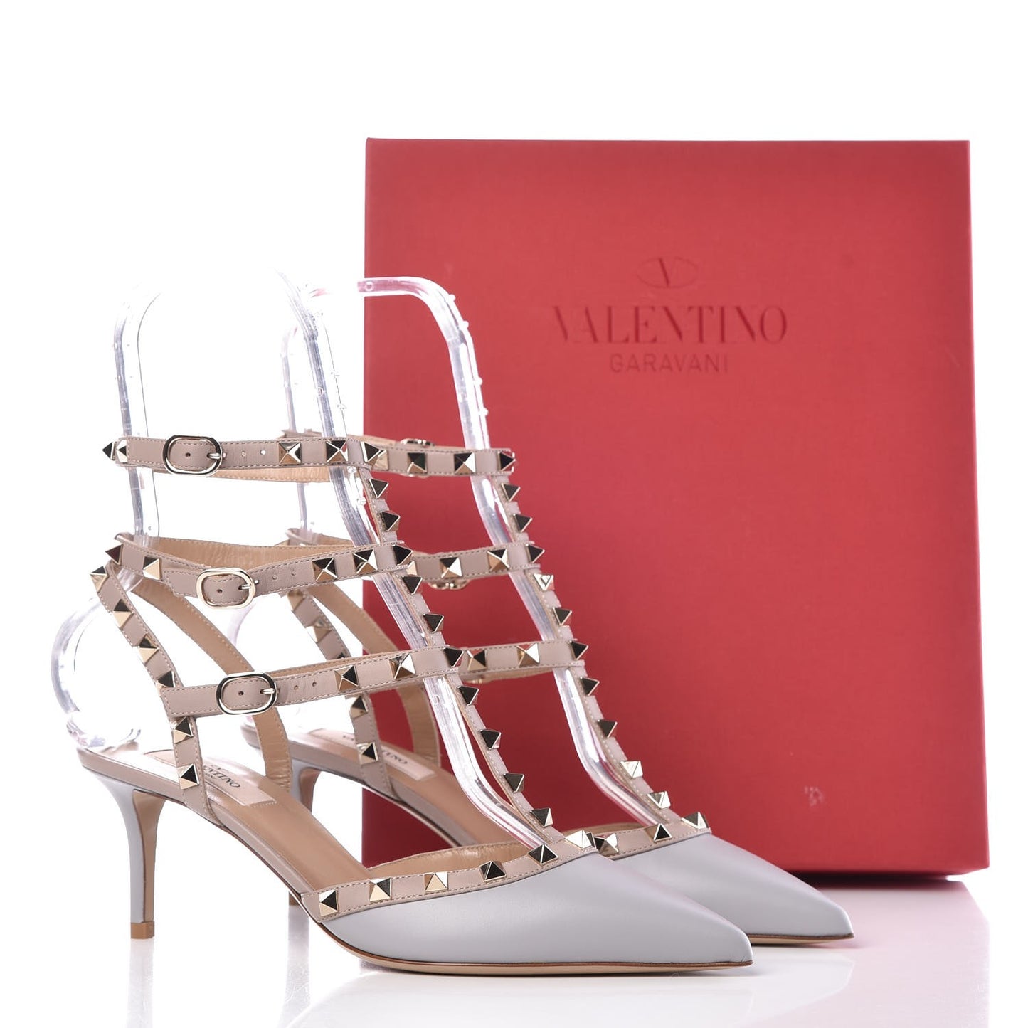 Calfskin Nappa Rockstud Ankle Strap 65mm Pumps 39 Pastel Grey Poudre
