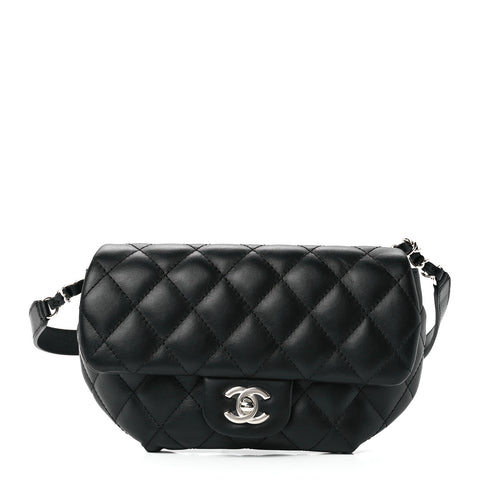 Calfskin Quilted CC Uniform Flap Belt Bag Black
