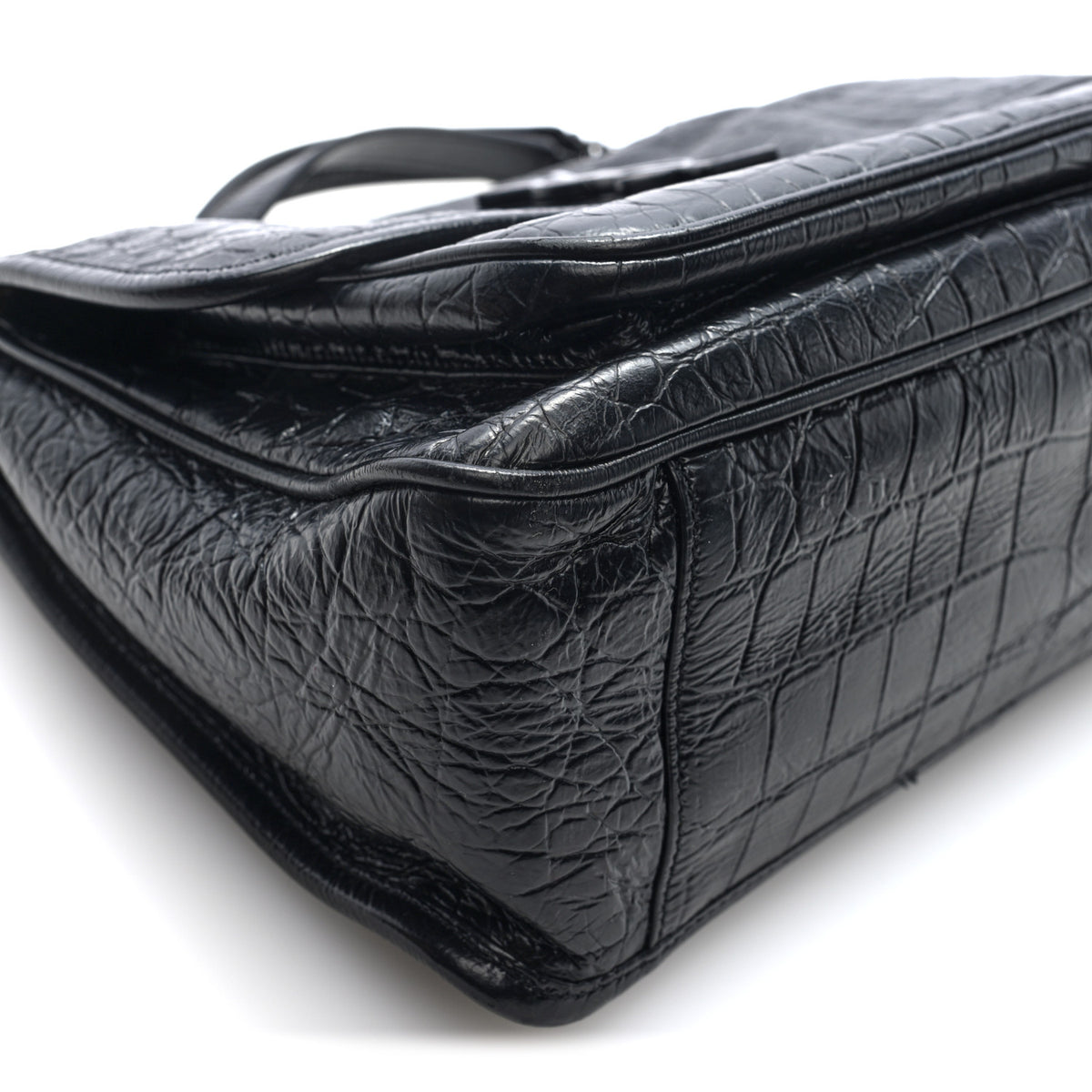Crocodile Embossed Lambskin Monogram Medium Niki Chain Satchel Black