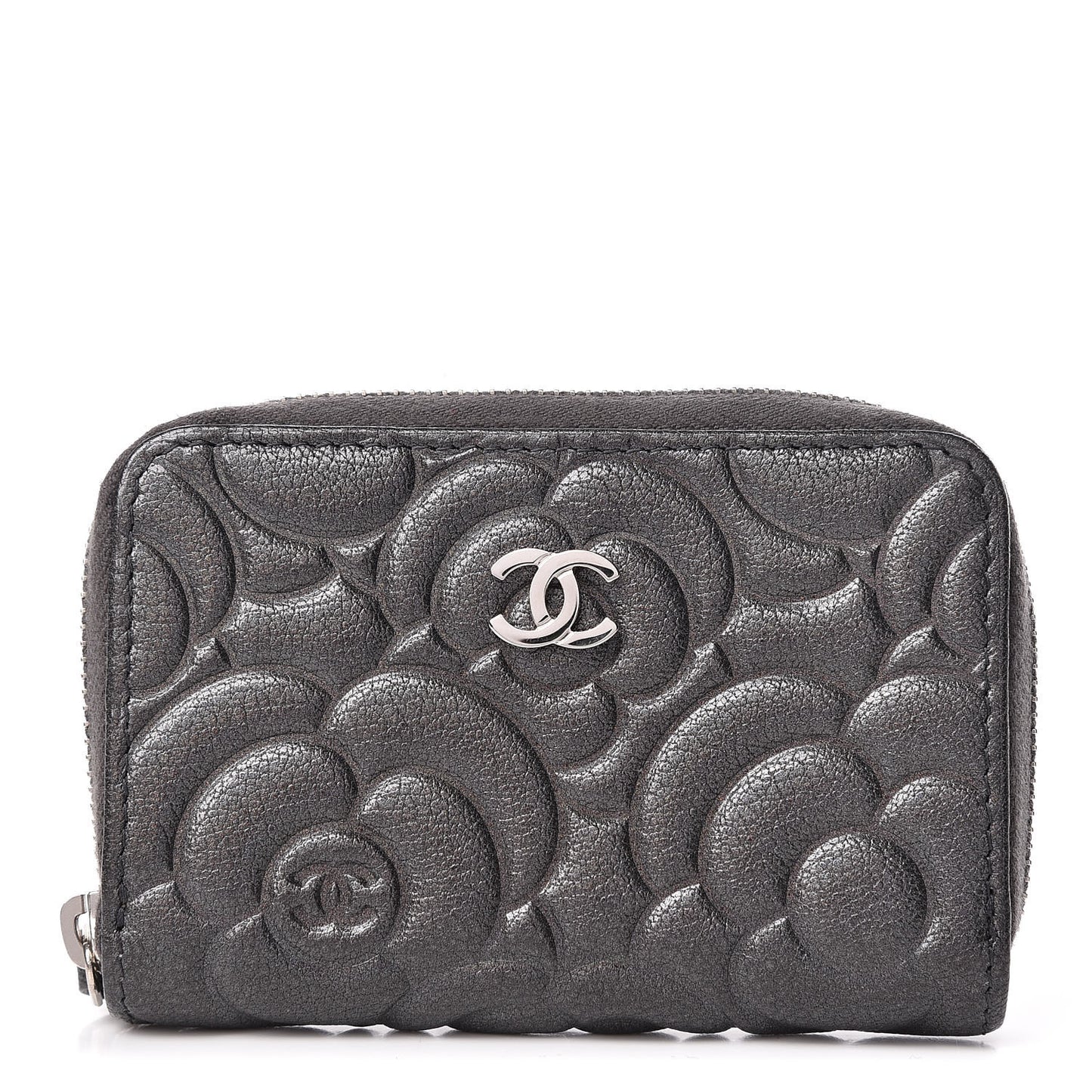Goatskin Camellia Embossed Zip Coin Purse Anthracite