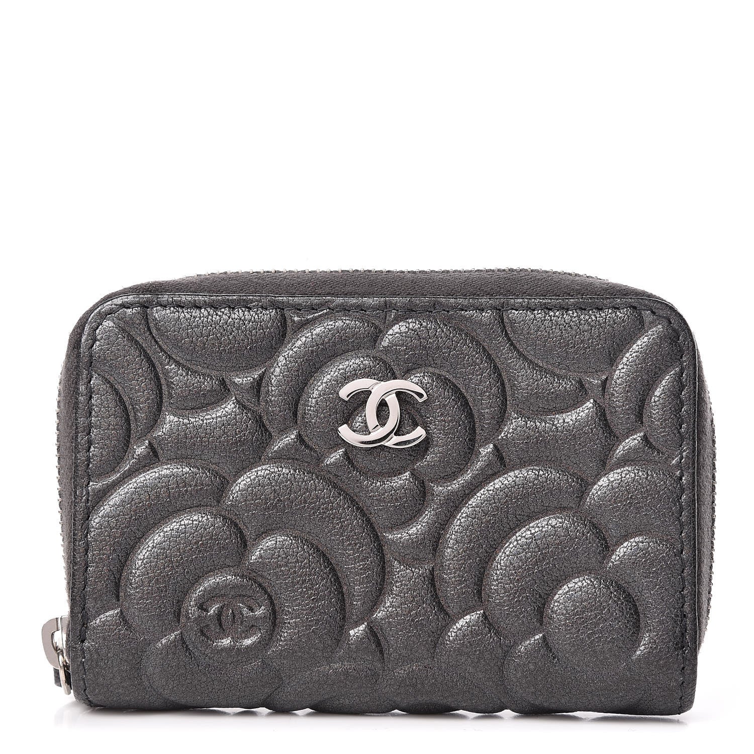 Chanel Goatskin Camellia Embossed Zip Coin Purse Anthracite 1 of 8