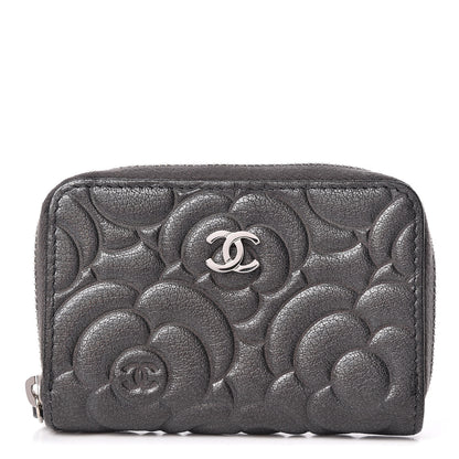 Chanel Goatskin Camellia Embossed Zip Coin Purse Anthracite 1 of 8