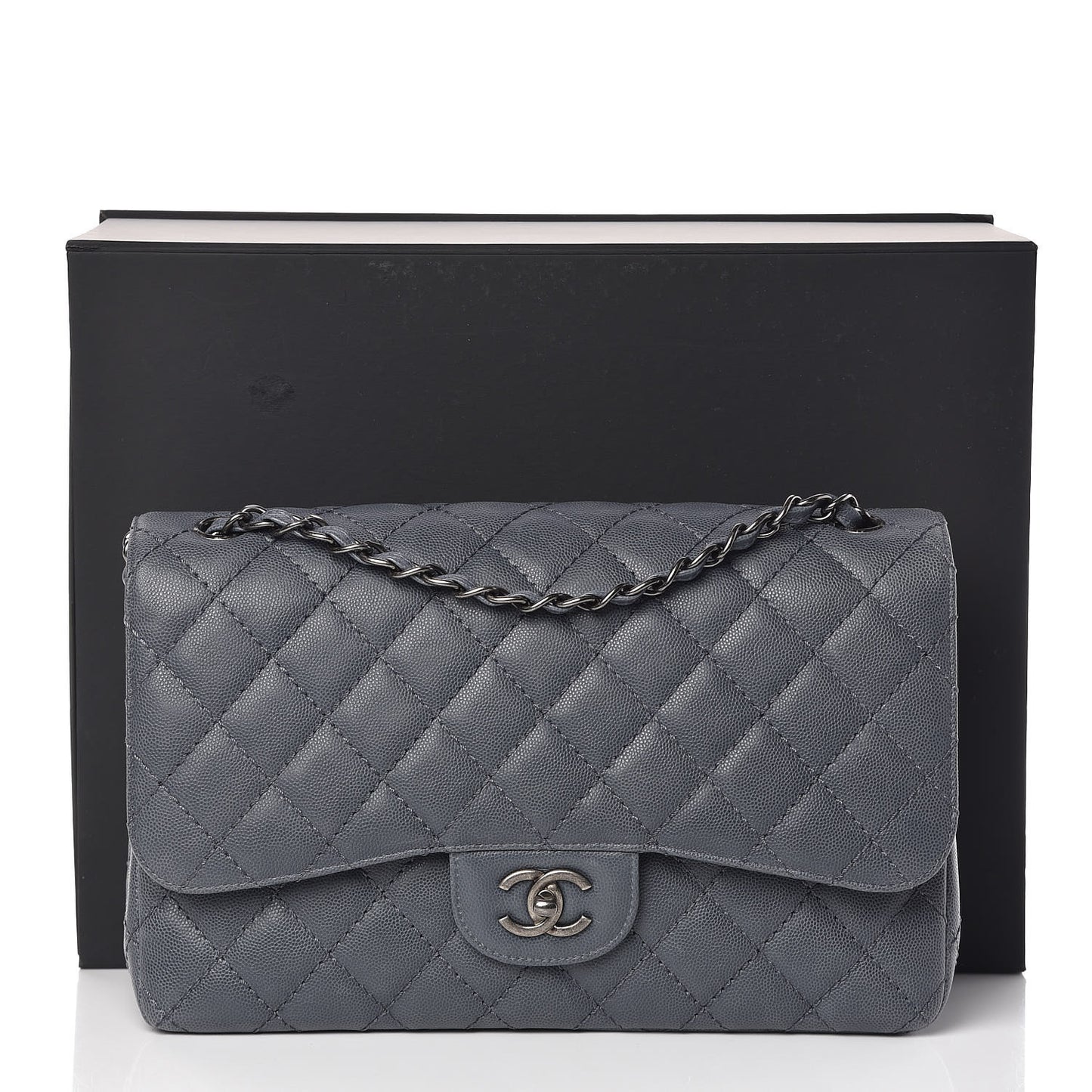 Caviar Quilted Jumbo Double Flap Dark Grey