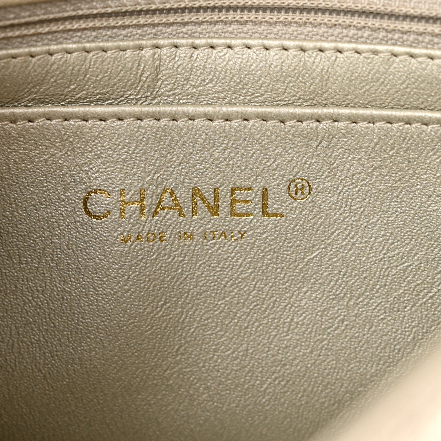 Iridescent Calfskin Quilted Mini Rectangular Flap Light Gold