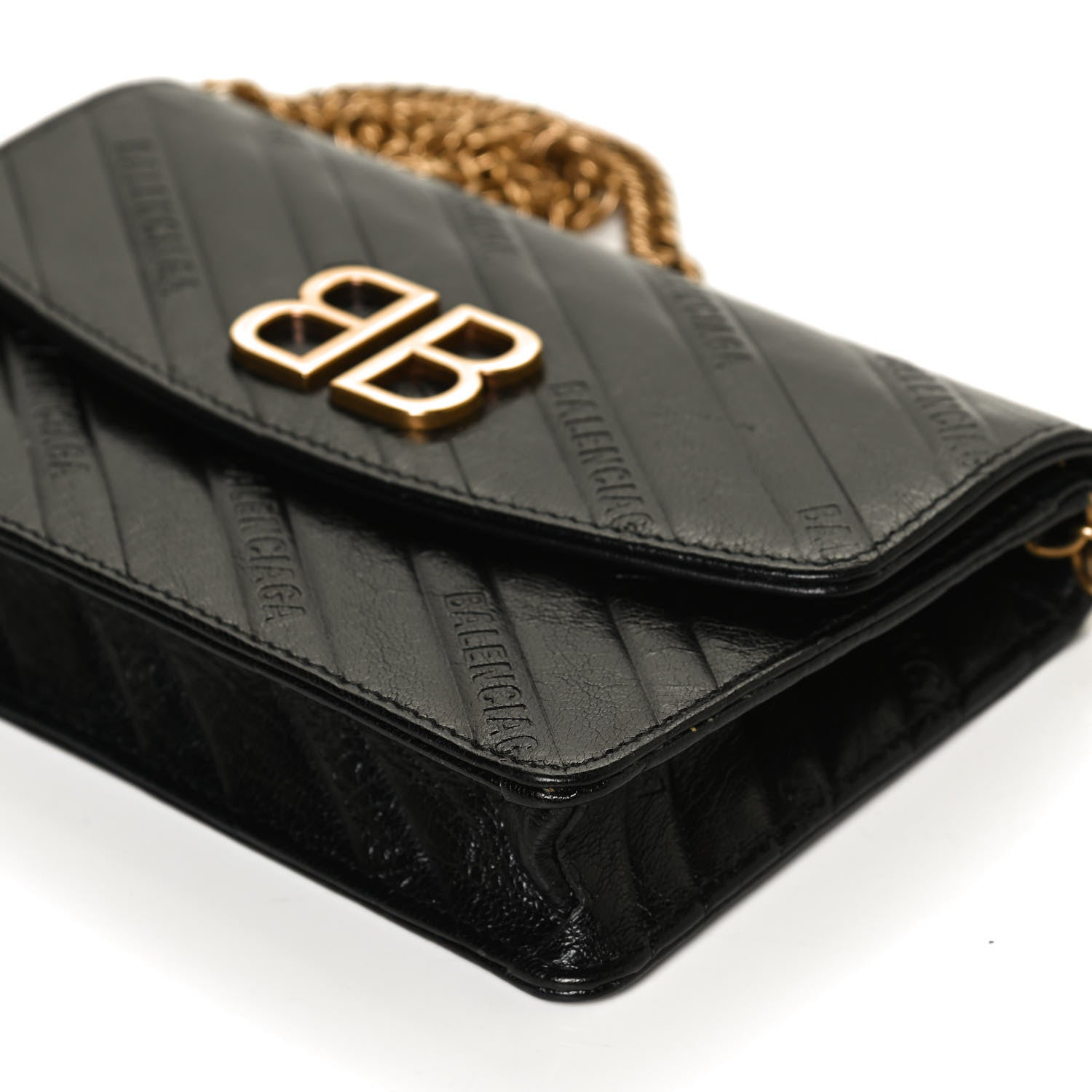 Balenciaga Shiny Goatskin Logo Embossed BB Wallet On Chain Black 10 of 12
