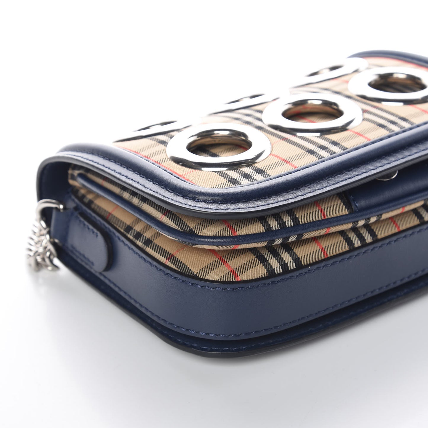 Smooth Calfskin 1983 Knight Check Grommet Chain Shoulder Bag Ink Blue