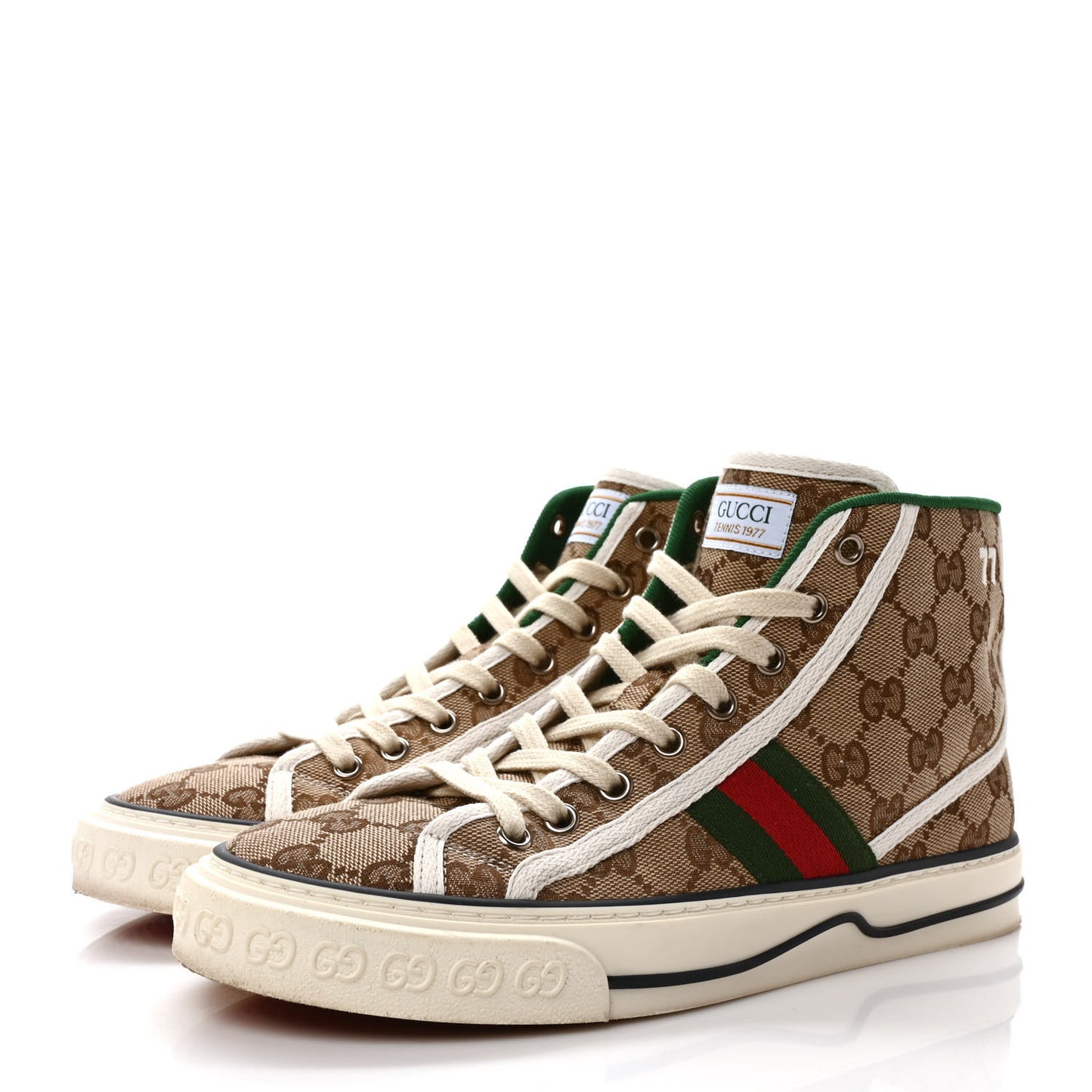 GG Monogram Web Womens 1977 Tennis High Top Sneakers 38.5 Beige Ebony Mystic White