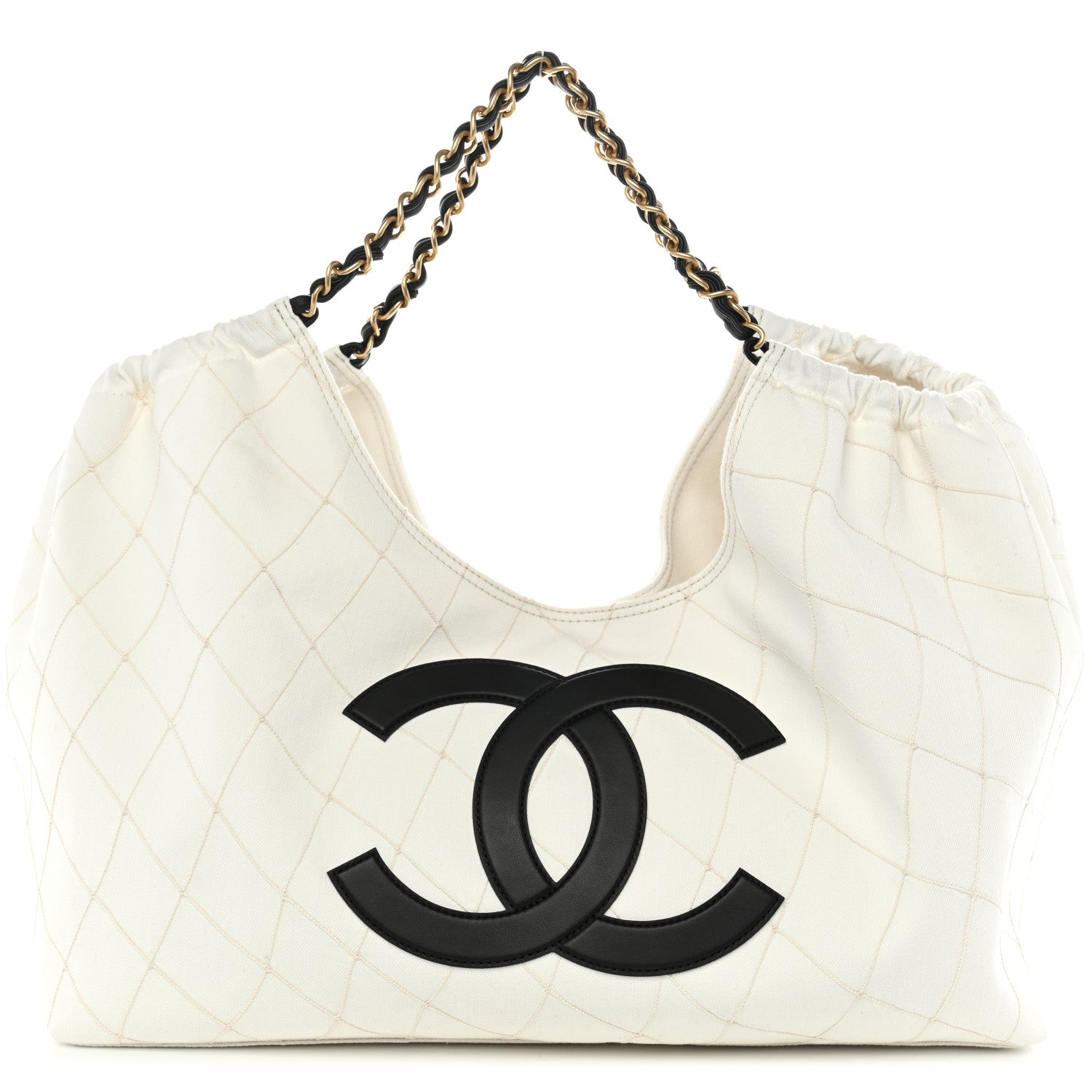 Chanel Denim Calfskin Quilted Coco Beach Small Shopping Tote White Black 1 of 11