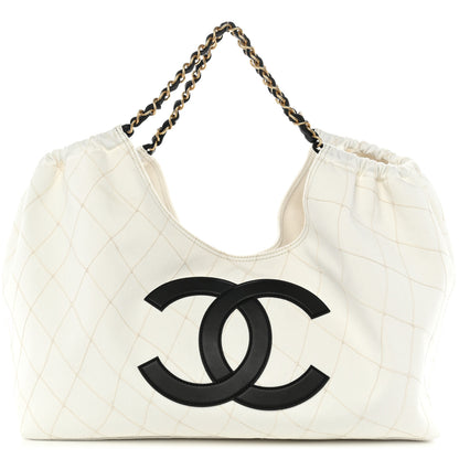 Chanel Denim Calfskin Quilted Coco Beach Small Shopping Tote White Black 1 of 11